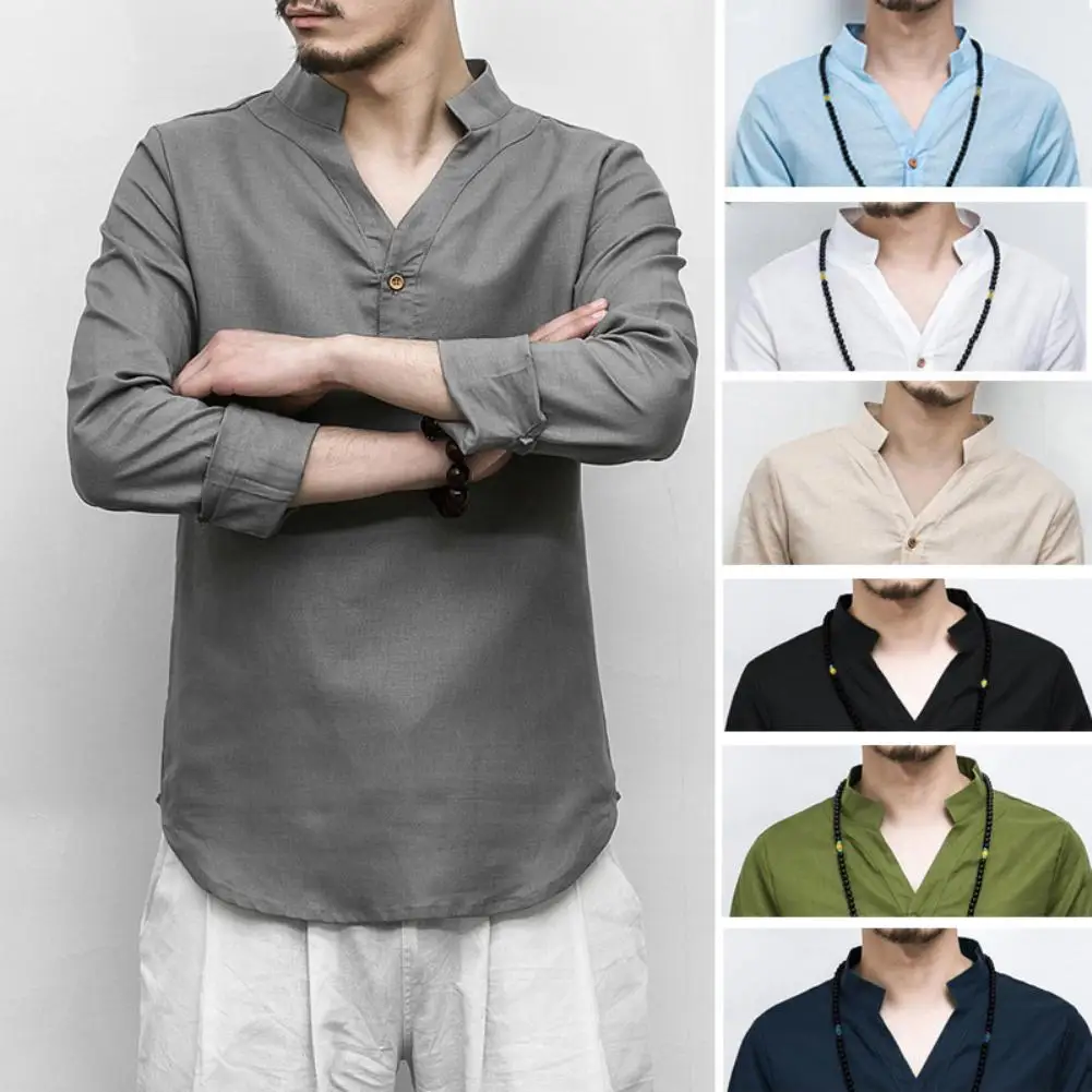 Рубашка мужская из хлопка и льна, дышащая сорочка с длинным рукавом, Повседневная винтажная деловая однотонная, в китайском стиле