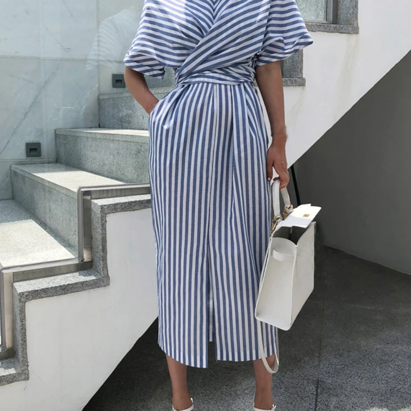 VGH, летнее женское уличное платье с коротким рукавом и круглым вырезом, Полосатое прямое Бандажное платье с бантом, женская модная одежда, новинка