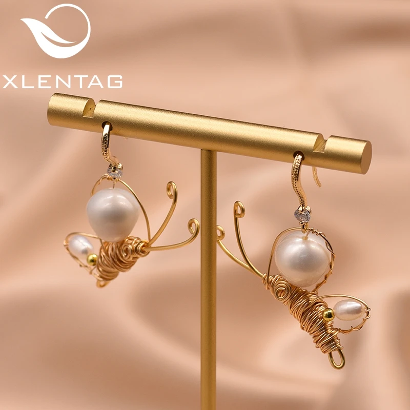 

XlentAg Handmade Butterfuly Earrings Natural Fresh Water Pearl Earrings For Women Birthday Gift For Party Fine Jewellery GE0804
