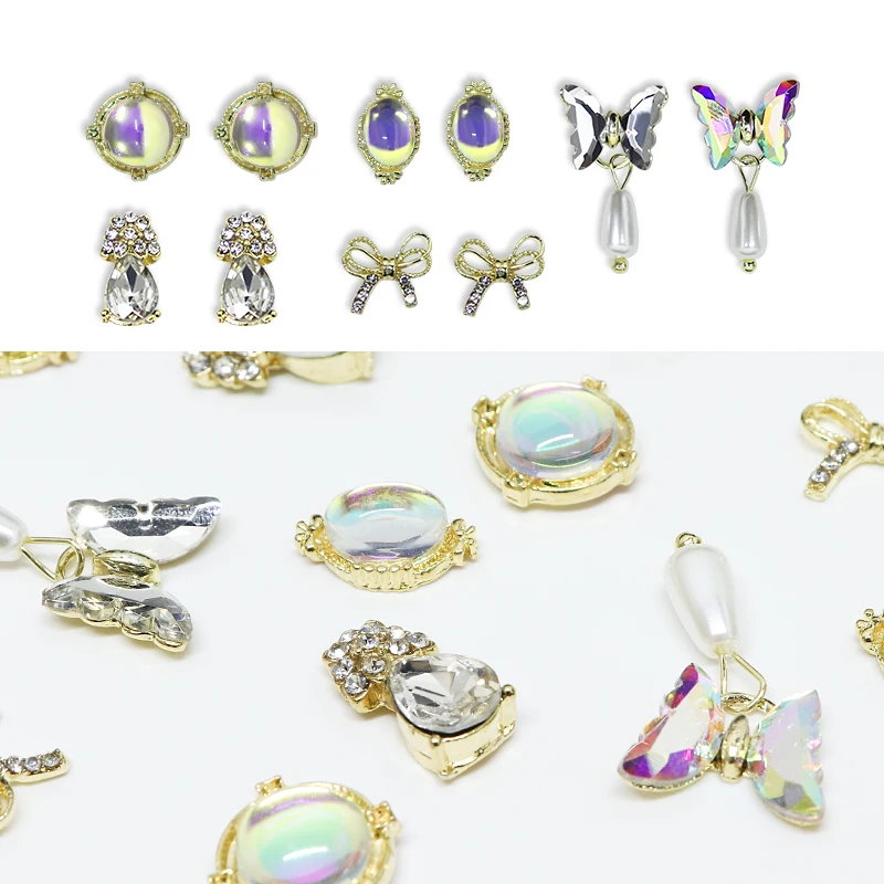 

10Pc Crystal AB Butterfly Nail Rhinestones With Pearl Pendant Mixed Jewelry For Nail Art Decorations Polish Manicure Accessories