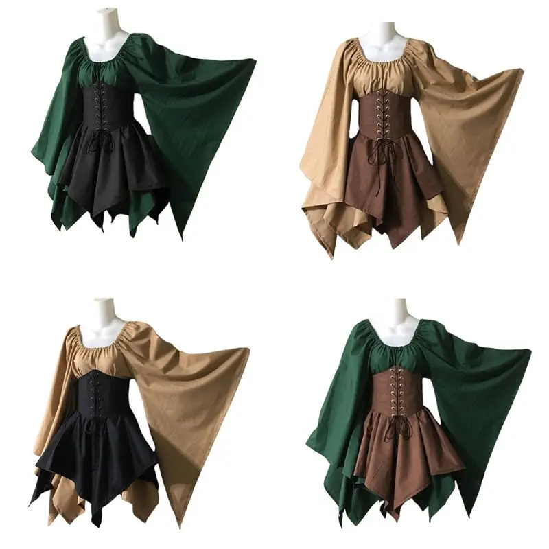 

Womens Renaissance Medival Trumpet Sleeve Color Block Patchwork Asymmetric Dress Q6PB
