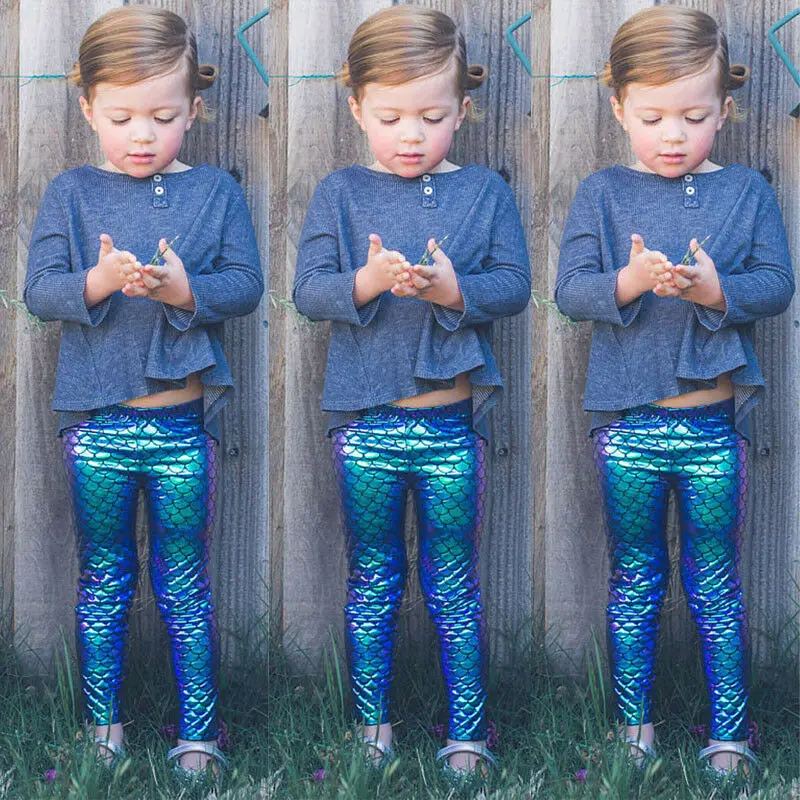 Novelty Kid Girl Skinny Mermaid Shiny Fish Scale Leggings Stretchy Pants Pencil Trousers | Детская одежда и обувь