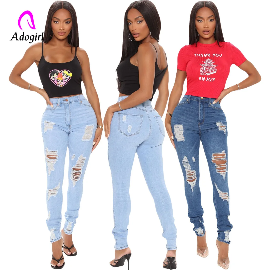 

Ripped Women Denim Pants High Waist Blue Distressed Trouser 2021 Summer Sexy Skinny Zipper Fly Pencil Pants Office Lady Pants