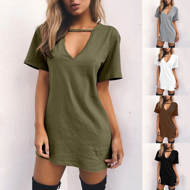 

Women's T Shirt Dress V Neckline Casual Short Sleeve Sexy Dress Hollow Out Bohemian Loose Beach Dress Plus Size S-2xl