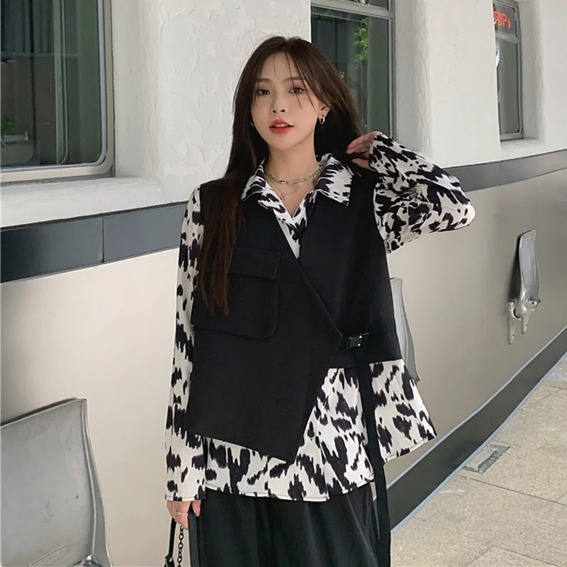 Женская рубашка с длинным рукавом свободная Корейская и принтом ощущение лесной