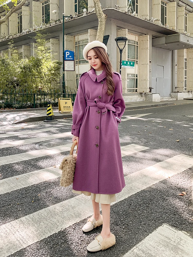 

Small high-end wool coat autumn and winter 2021 new temperament taro purple long double-sided cashmere coat women