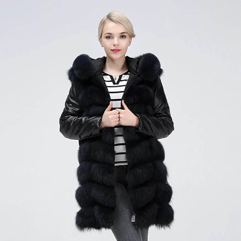 Natural New Genuine Fur Fox Vest  Long Fox Fur Sheepskin Hat Coat Sheep Skin Demolished Sleeves Can Detachable Jacket