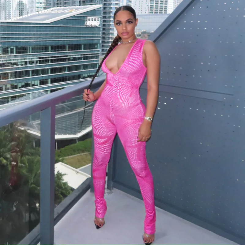 

BIIKPIIK V-Neck Print Pink Jumpsuits Bodycon Sexy Clubwear One Piece Workout Overalls Sleeveless Jumpsuit Women Elegant Clothing