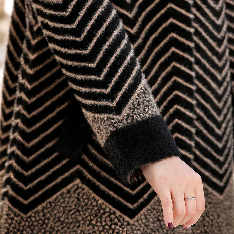 

New Winter Coat Women's Jacket Stripe Water Velvet Woolen Blend Coat Thick Warm Outwear Korean Long Coat Female High Quality P81