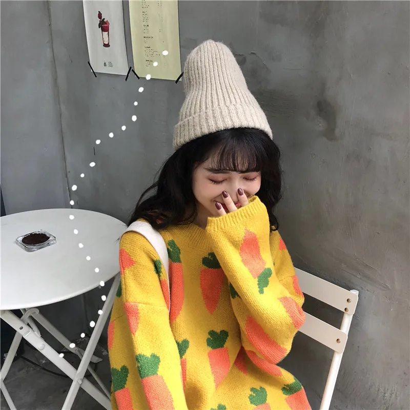 Зимний женский свитер модный свободный круглый вырез Harajuku морковь пуловеры с