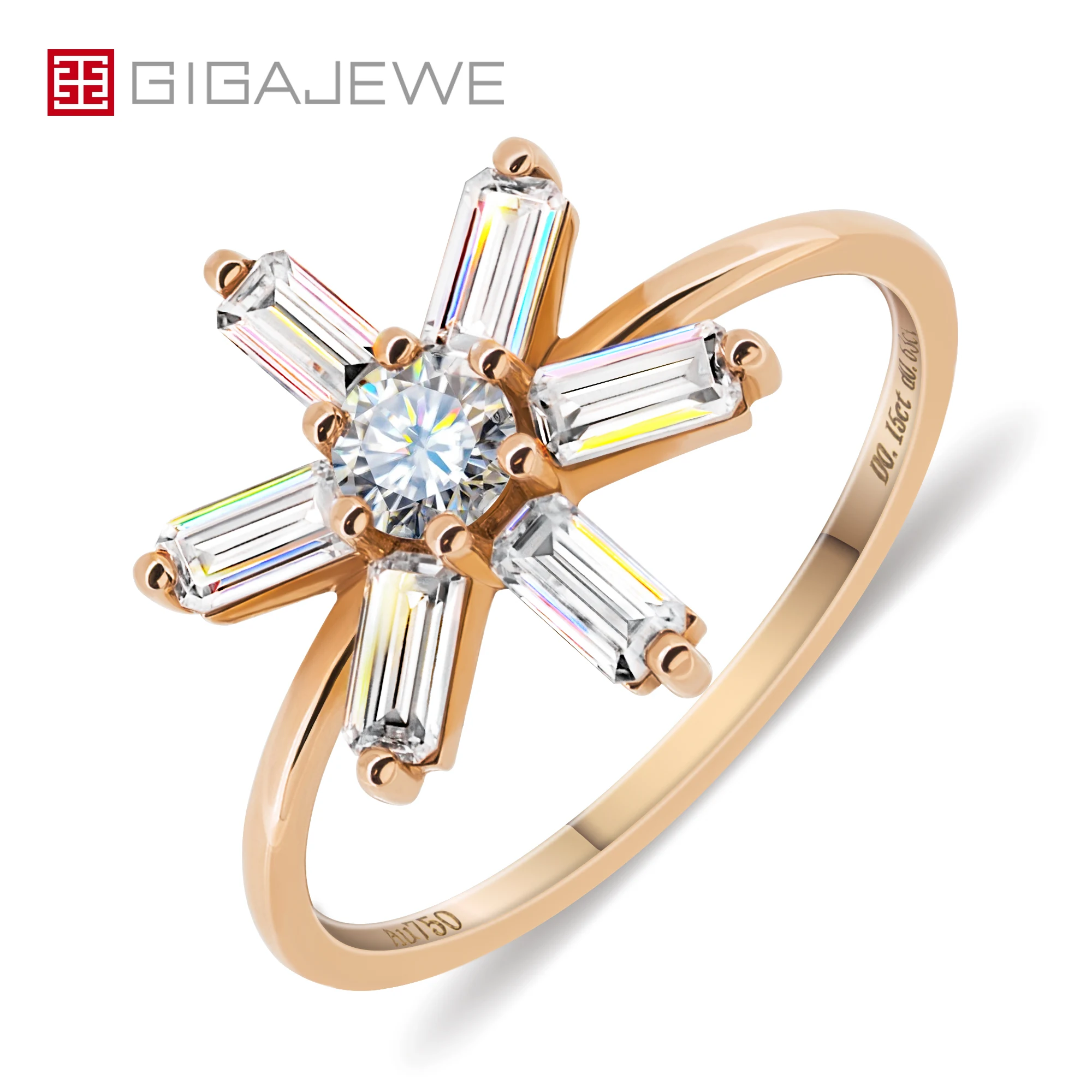 

GIGAJEWE 6X0.2ct 2X4mm изумрудная огранка и 0.2ct 3,5 мм круглая огранка D Цвет Moissanite VVS1 18K Золотое кольцо ювелирное изделие женский подарок для девушки