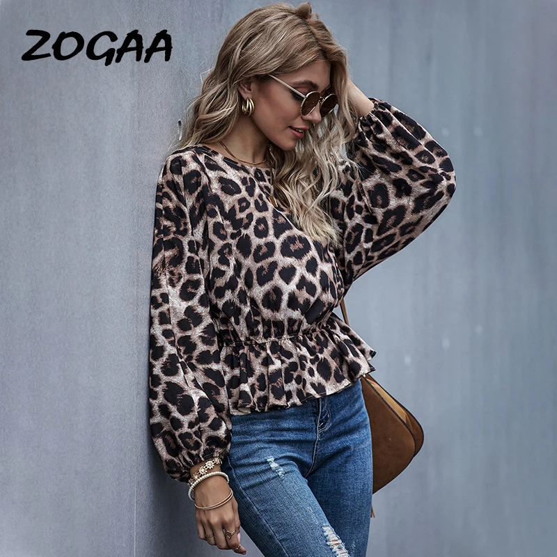 

Женская блузка с длинным рукавом ZOGAA, с леопардовым принтом, с круглым вырезом