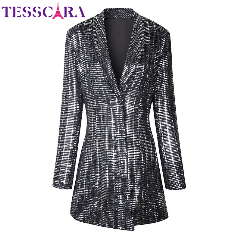Женский блейзер с блестками TESSCARA элегантный базовый пиджак длинная верхняя
