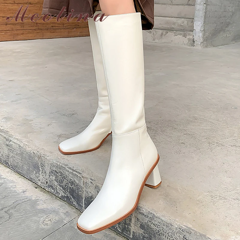 

Meotina Genuine Leather Riding Boots Women Shoes Autumn High Thick Heel Boots Square Toe Zipper Ladies Footwear Long Boots Beige