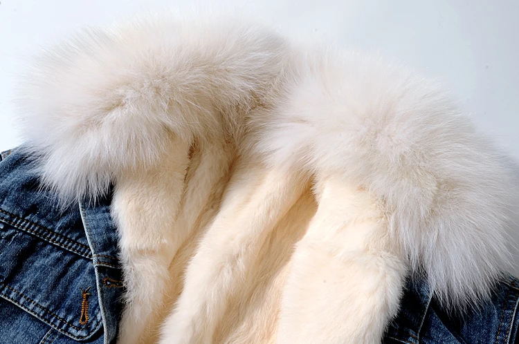 Зимняя джинсовая женская куртка с подкладкой из кроличьего меха, джинсовая куртка с воротником из лисьего меха, верхняя одежда в винтажном стиле, большие размеры, свободное плотное теплое джинсовое пальто