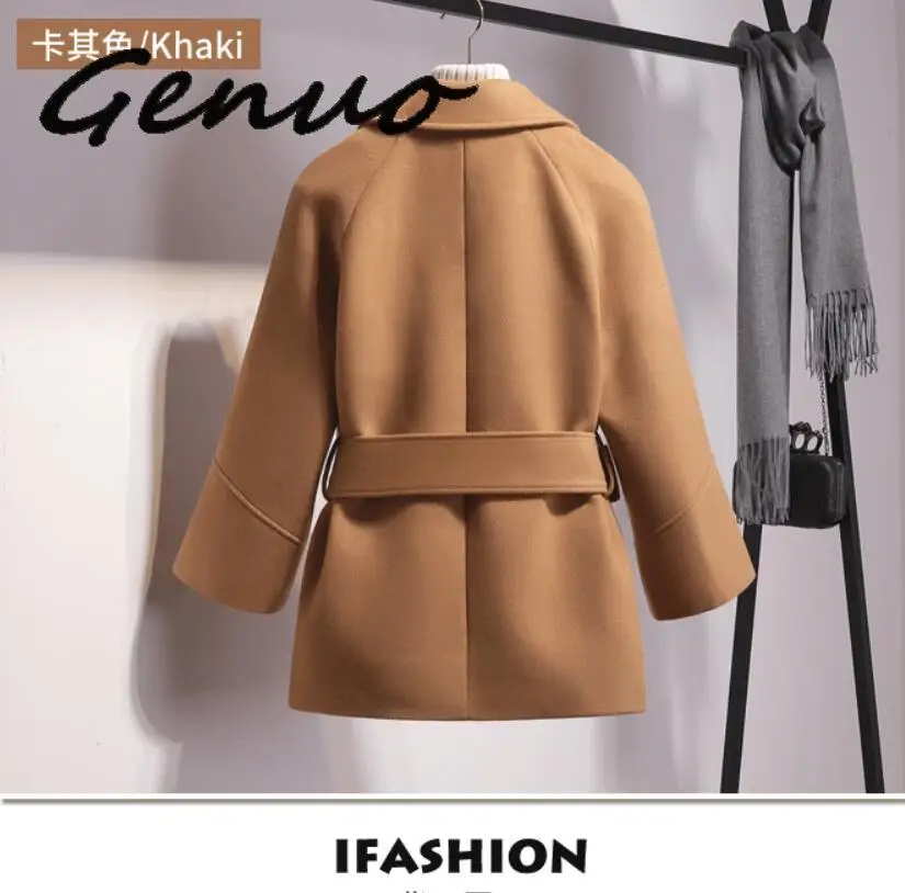

Genuo New Women Short Coat Wool Long-sleeved Lapel Belt Girdle Woolen Jacket High Quality Luxury Outwear Autumn Winter