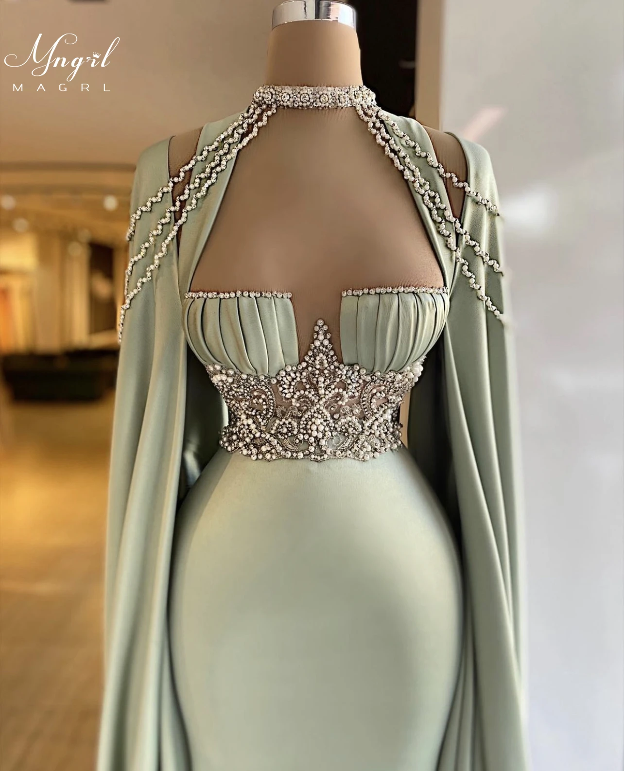 

MNGRL Luxury Evening Dress One-shoulder Long Sleeves Hand-applied Diamonds Glittering 2021 New Evening Dress Party Dress