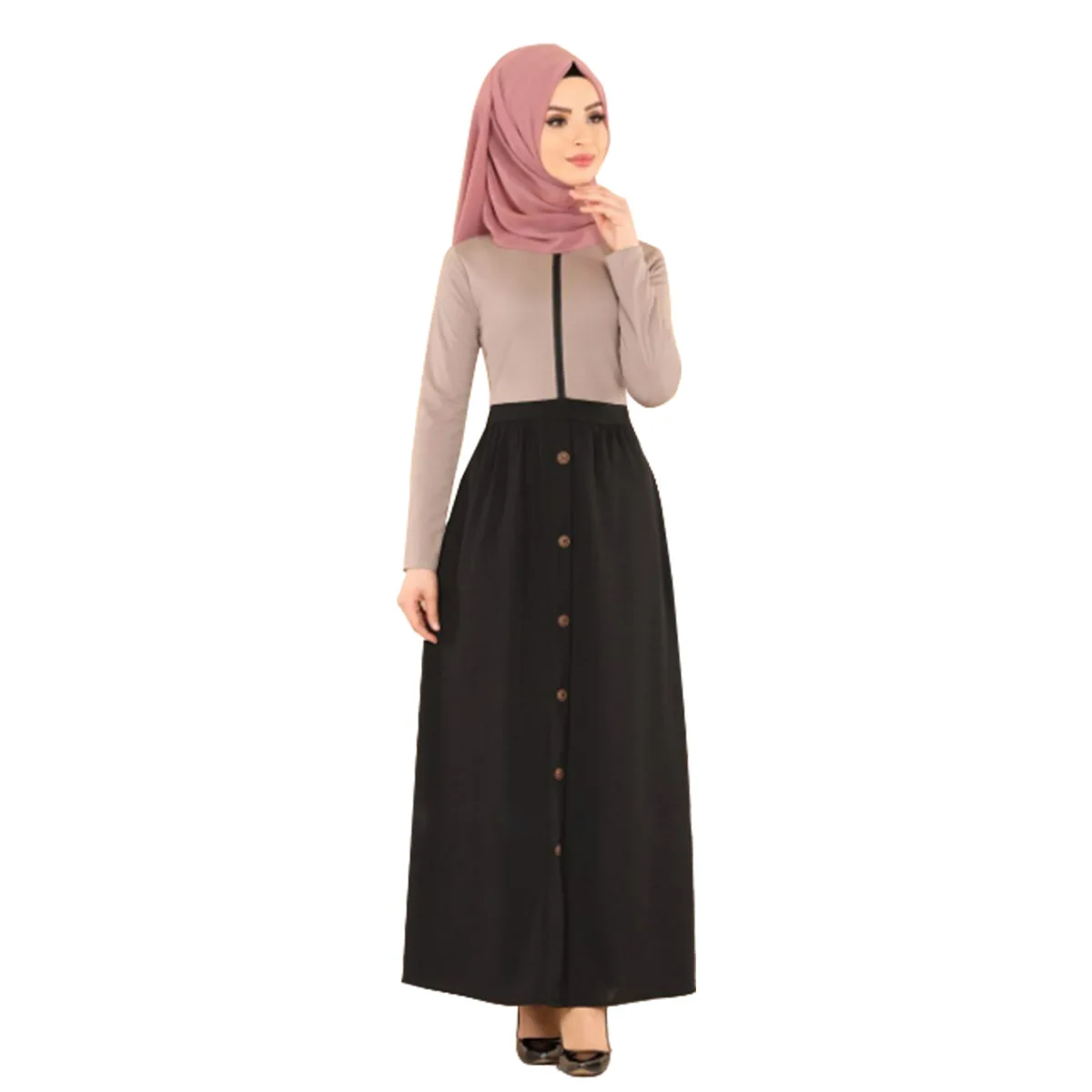

Muslim National Wind Long Skirt Hit Color Stitching Nail Buckle Long-sleeve Dress 2021 Malay Clothing