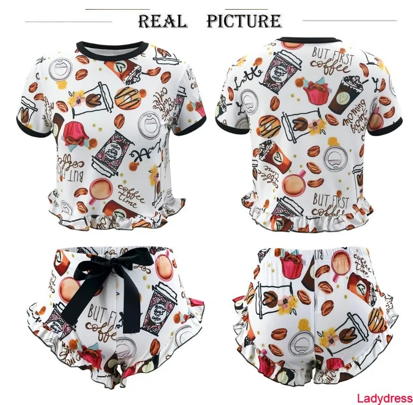 

2020 new Women Summer Home 2 Piece Set Casual O-Neck Short Sleeve Print Tops Drawstring Ruffle Decor Mid Waist Shorts Ladies Cas