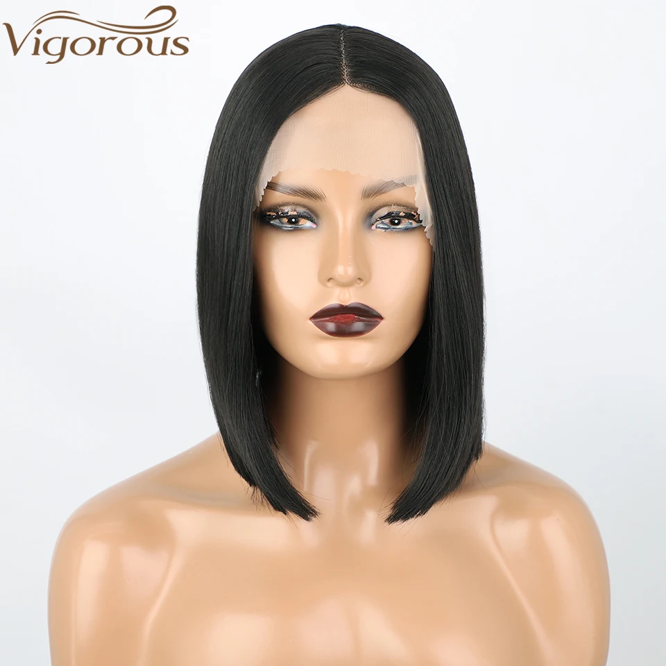 

MONIXI Synthetic Short Straight T-part Lace Front Wigs Black Synthetic Lace Wigs for Women Synthetic Bob Wig Middle Part Hairs