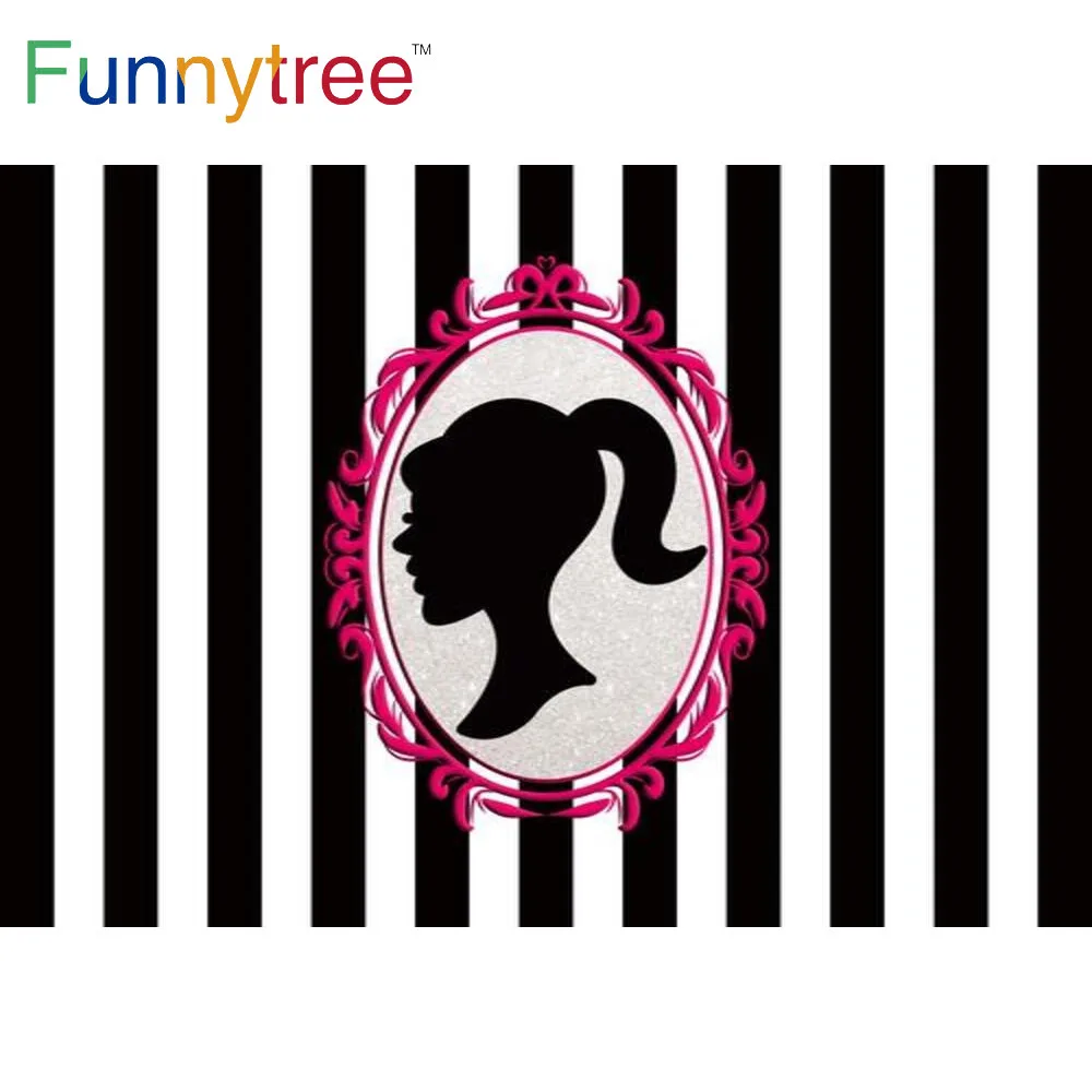 

Funnytree черный, белый цвет полоса фон голова куклы фоторамка гламур фотографический фон для девочек вечерние декор Малыш баннер на день рожде...