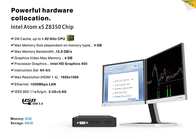 Z83V четырехъядерный ОЗУ 4G rom 64G Windows10 мини настольный Intel Atom x5-Z8350 2,4G/5,8G AC WiFi 1000M lan офисный мини-ПК