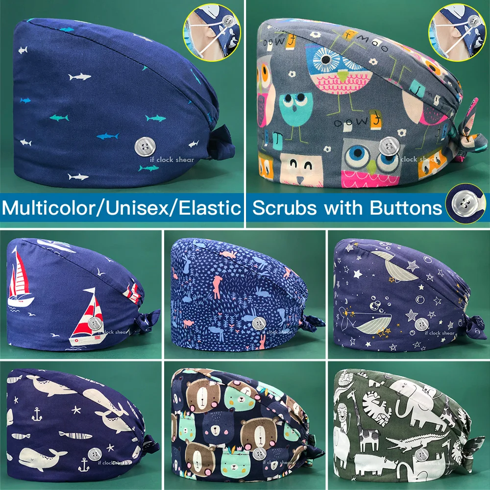 

Adjustable Surgical Hats Pet Grooming Hospital Scrubs Caps Operating Room Work Hats Patterns Buttons Tieback Cotton Nursing Hats