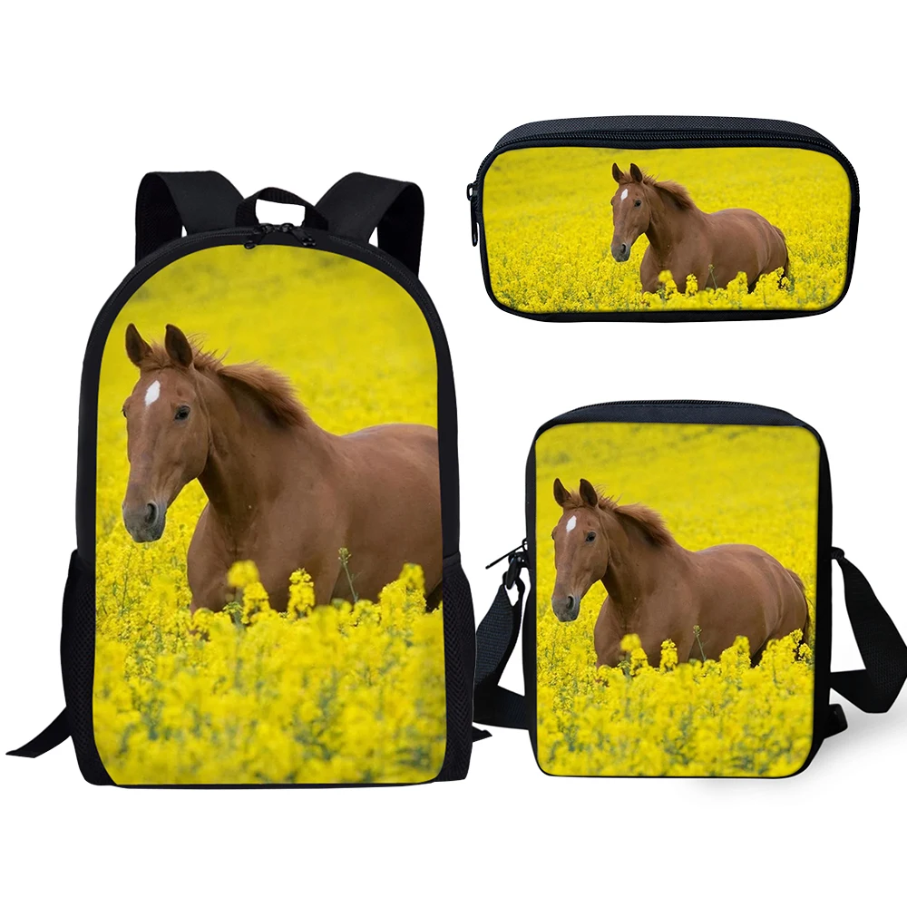 HaoYun Fashion Children's 3PCs Backpack Set Flower Horse Prints Pattern Kids School Book Bags Set Backpack/Flaps Bag/Pen Bags
