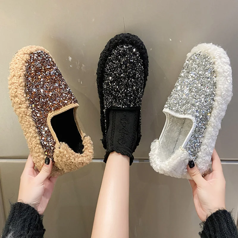 

Мокасины женские на платформе без застежки, меховые кроссовки, повседневная обувь в Корейском стиле, криперы, круглый носок, без застежки, з...