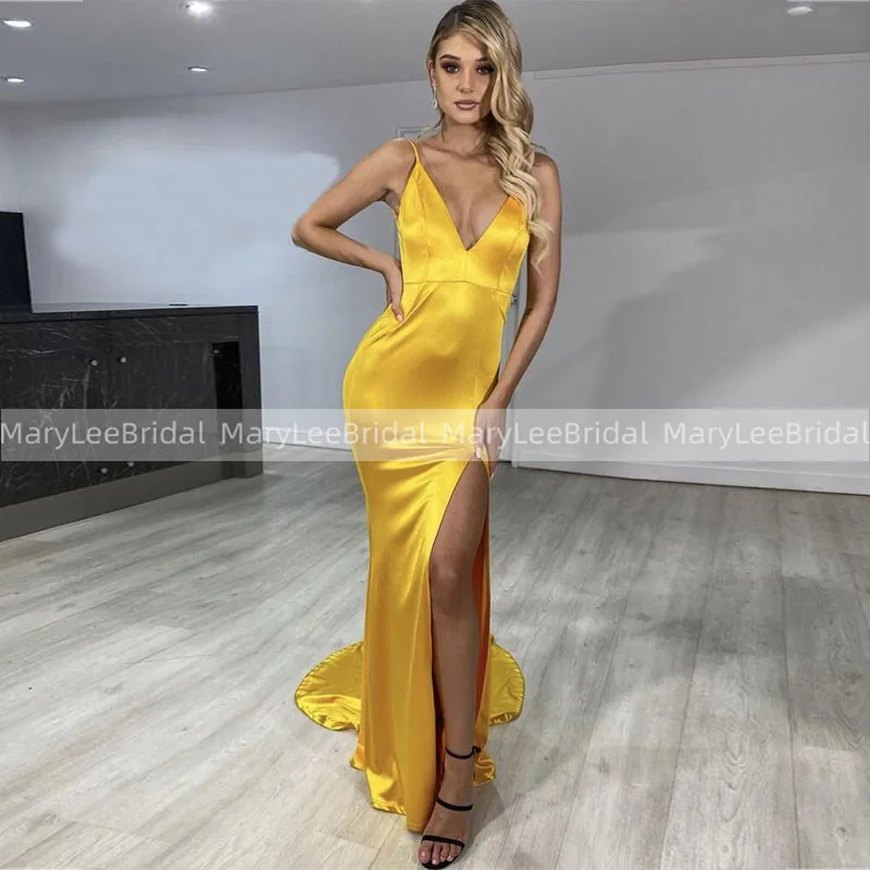 

Платье-макси с V-образным вырезом, пикантное вечернее на бретелях-спагетти, с высоким разрезом, золотисто-желтое платье с юбкой-годе, с откры...