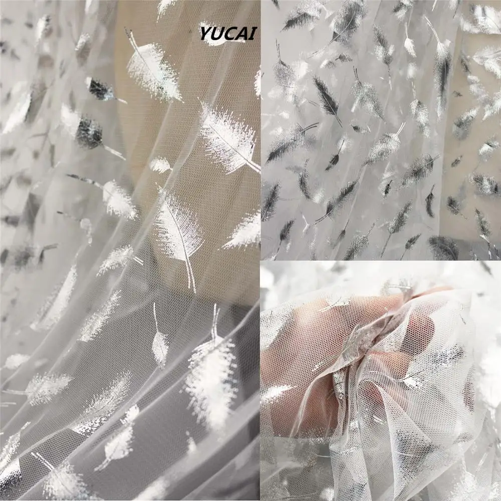 50*160 см Горячие серебряные перо Тюль Ткань с вышивкой кружева сетка одежда платье