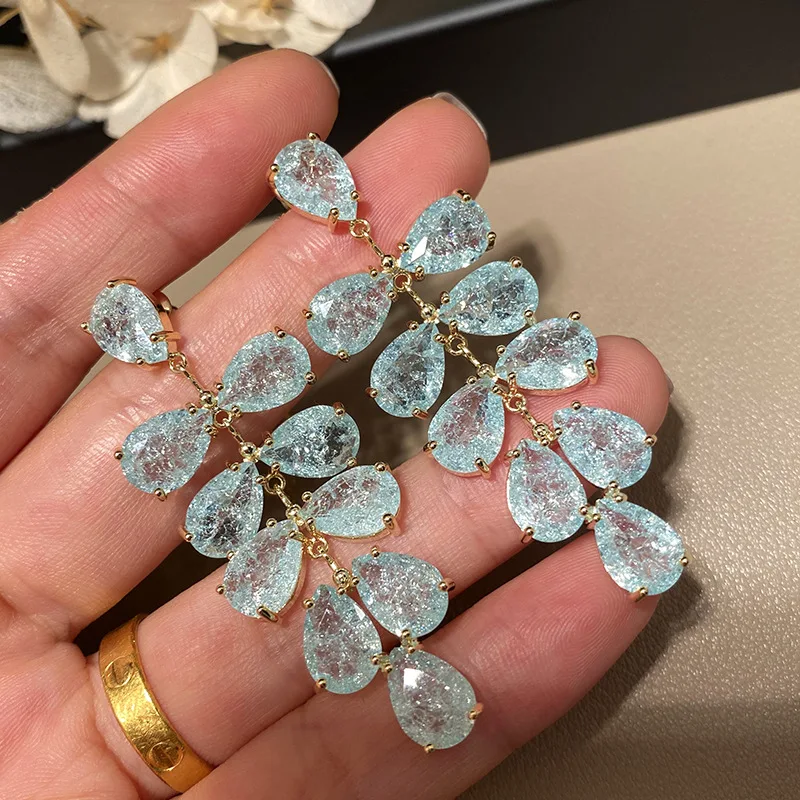 

Blue Leaves Crack Crystal Earrings For Women Cubic Luxurious Flower Tassel Fashion Jewelry Luxury Trendy Zircon Wedding Gift
