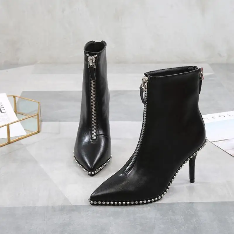 

Pointed Short Boots Women Slim Heels 2021 New Autumn / Winter High Heel Boots With Zipper Black White Ankle Boots For Women