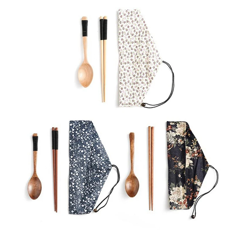 

Dinnerware Suit with Cloth bag Tableware Wooden Cutlery Sets with Useful Spoon Fork Chopsticks Travel Gift