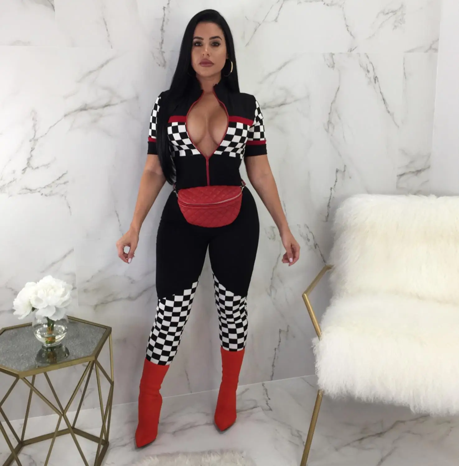 Женский клетчатый комбинезон Adogirl сексуальный Облегающий на молнии с V образным