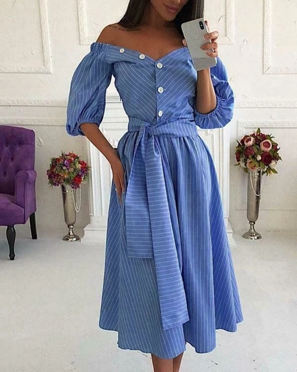 Элегантное женское платье с открытыми плечами летнее Новое синее Полосатое