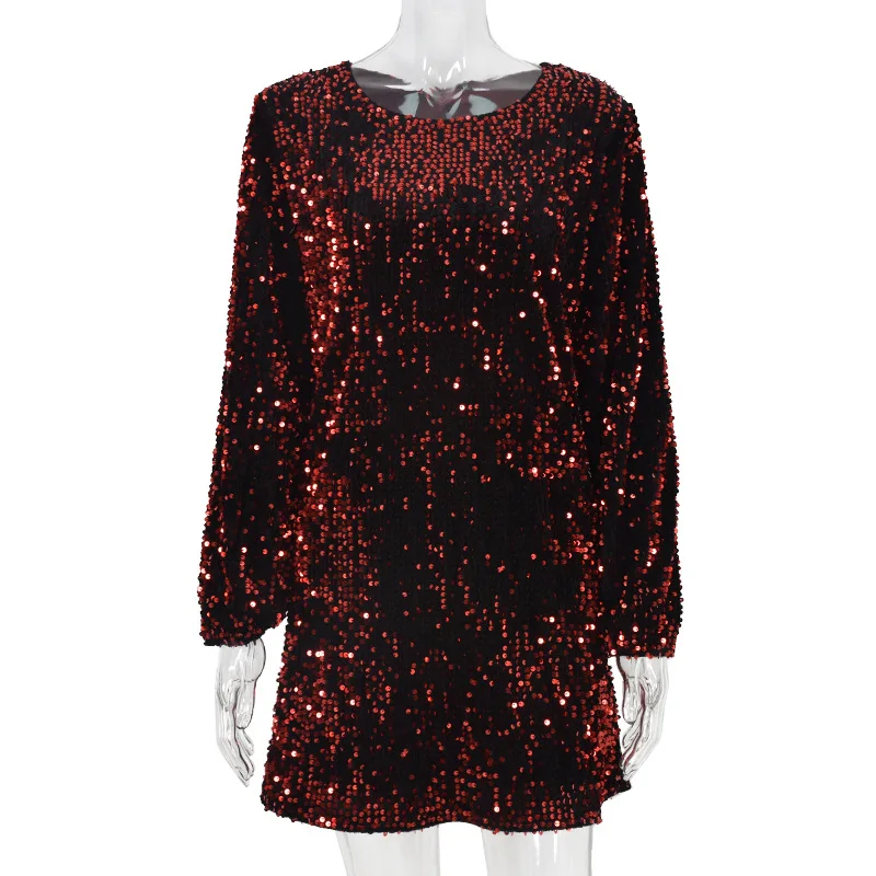 

European and American women's loose lantern sleeves round neck lace sequin dress women