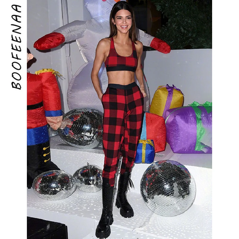 BOOFEENAA/модные красные клетчатые сексуальные комплекты с принтом спортивный