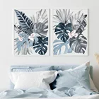 Акварельная тропические растения и листья, синяя Картина на холсте, настенные художественные плакаты, печатная картина для гостиной, спальни, украшение для дома