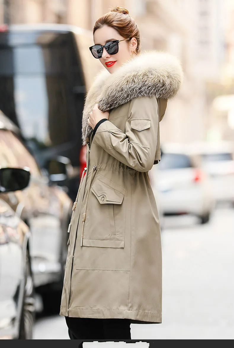 Fashion Fox Hooded Elegant Mink Fur Shearling Parka Women Long Winter Jacket Zipper Coat Clothes