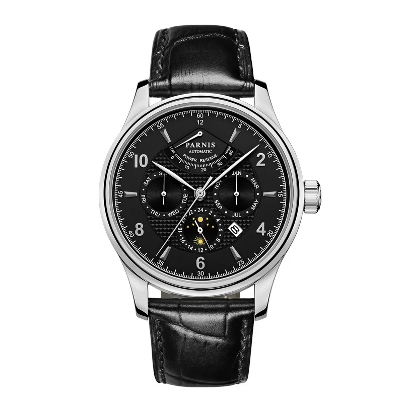 

Parnis 43mm Men Clock Leather Brand Power Reserved Automatic Mechanical Men's Watches Week/Date/Moon Phase Business Dress Watch