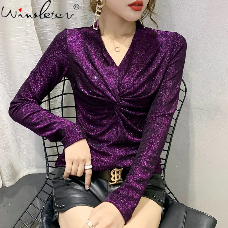 

Fall Winter European Clothes T-Shirt Fashion Sexy V-Neck Drape Shiny Diamonds Women Tops All Match Tees New 2021 T00303A
