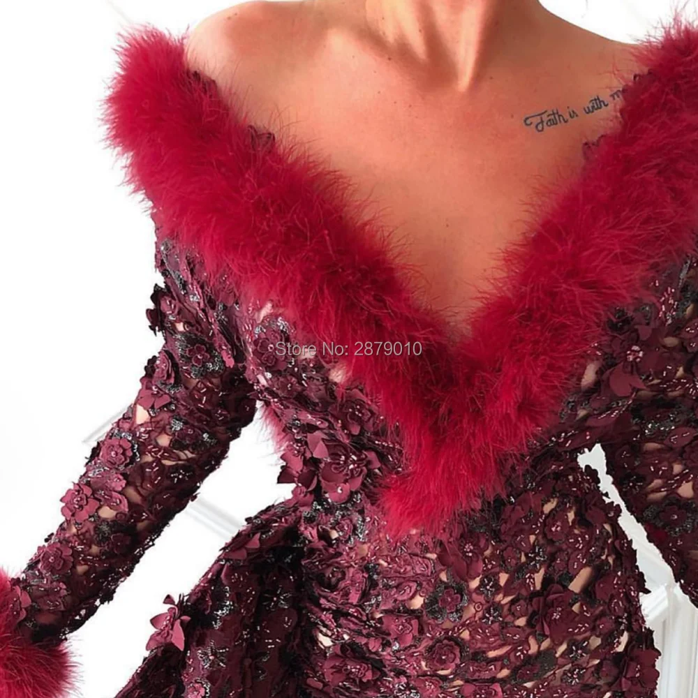 V-Neck Burgundy Sheath/Column Lace Long Evening Dress Appliques Full-length Prom The Skirt Split Formal Custom Zipper | Свадьбы и