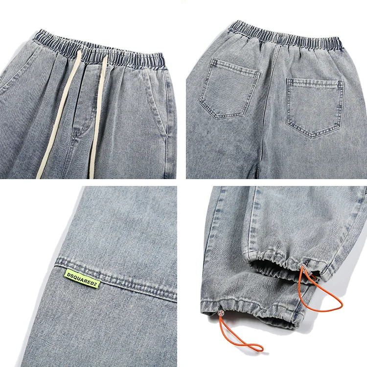 

Light blue jeans men's summer thin fashion Hong Kong Style loose and thin wide leg pants elastic waist straight necked pants