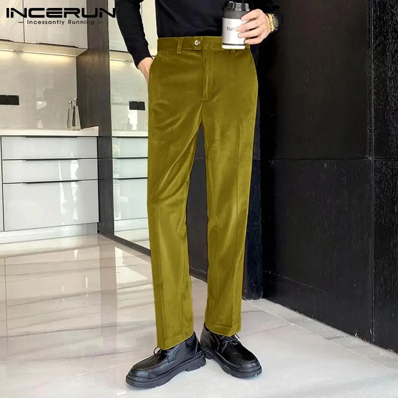 

Men Casual Pants Velour Solid Color Joggers Streetwear Straight Trousers Men Pockets 2022 Vintage Loose Pantalon INCERUN S-5XL