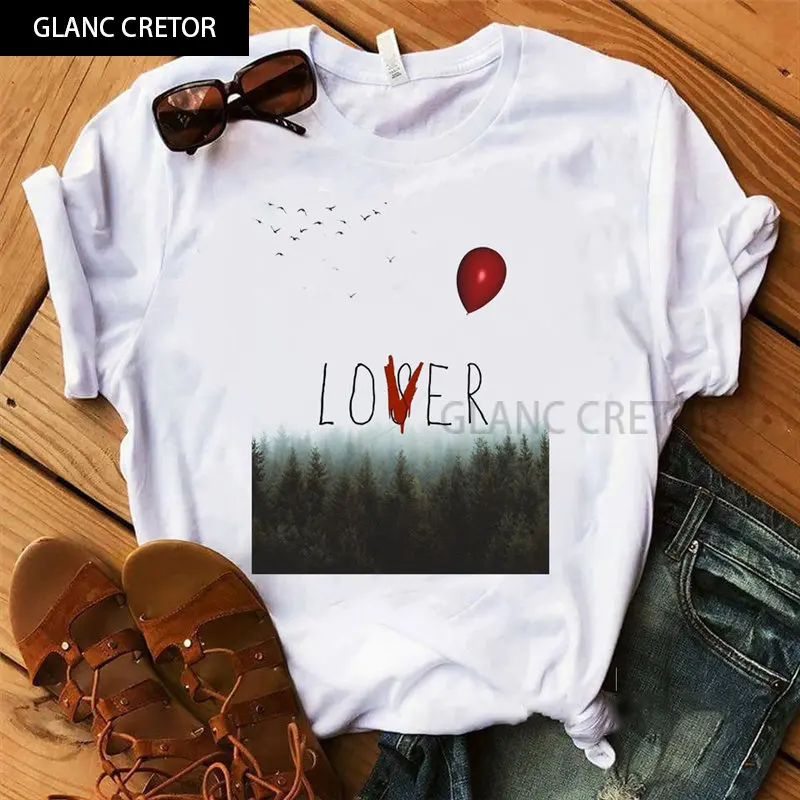 

Halloween T Shirt Harajuku Streetwear top tee Funny T-Shirt Women Summer Hot Stephen King Printed Tshirt Clown Custom