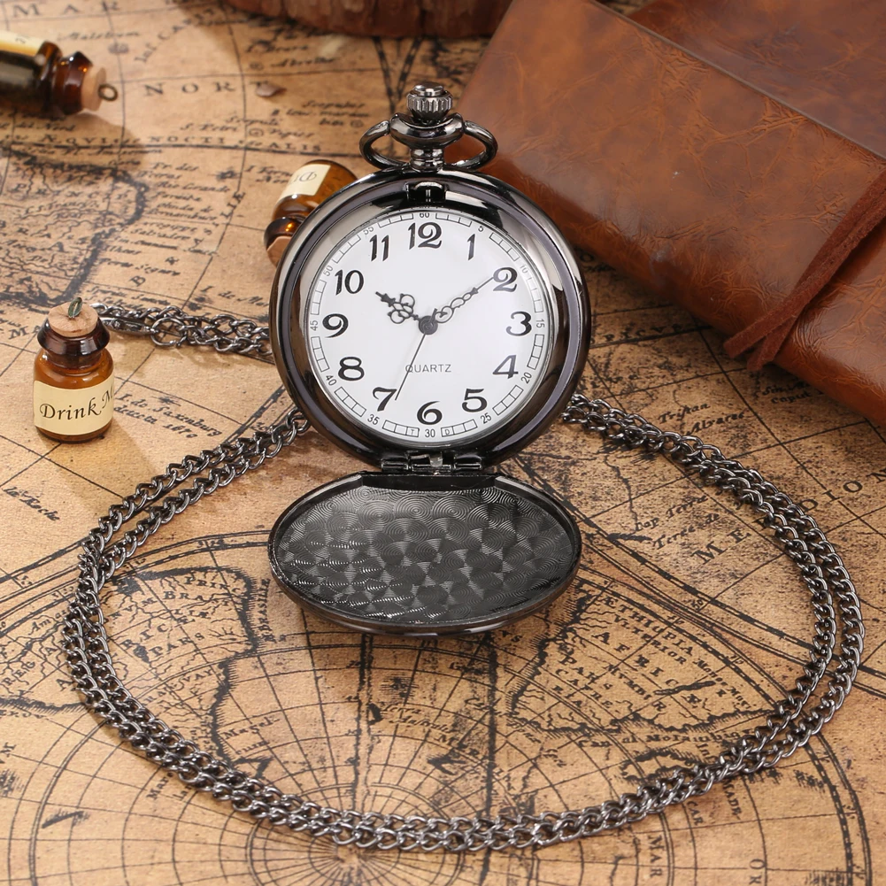 Black Steampunk Pocket Watch Engraving Design Quartz Numerals Dial Clocks Practical Pendant Chain Men's Watch Father's Day Gift
