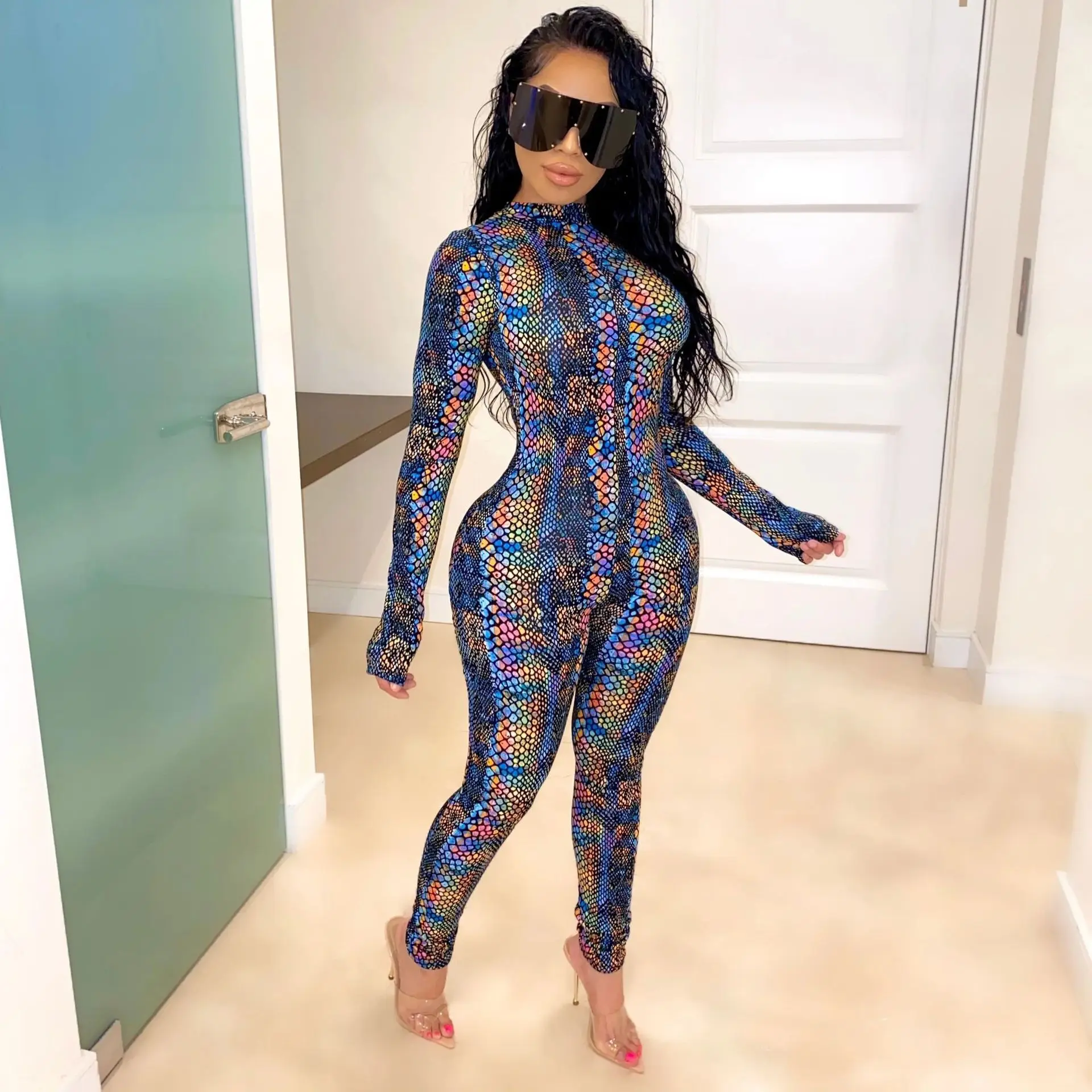 

2020 Summer Women 's Sexy Tight Serpentine Printed Sports Casual Jumpsuit Ladies ' Clothes
