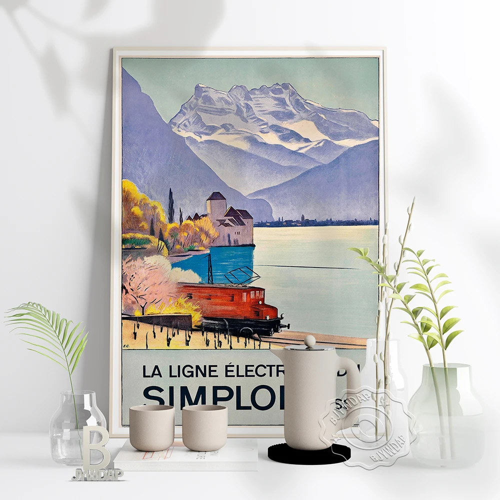

Electric Simplon Train Railway Poster, La Ligne Electrique Du Simplon Suisse Art Prints, Lakeside Mountain Scenery Home Decor