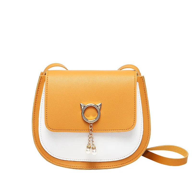 

Spring New Women Korean Small Hand Message Bags Girl Hit Color Saddle Bag Crossbody Shoulder Cat Ear Pendant Phone Bag Clutch